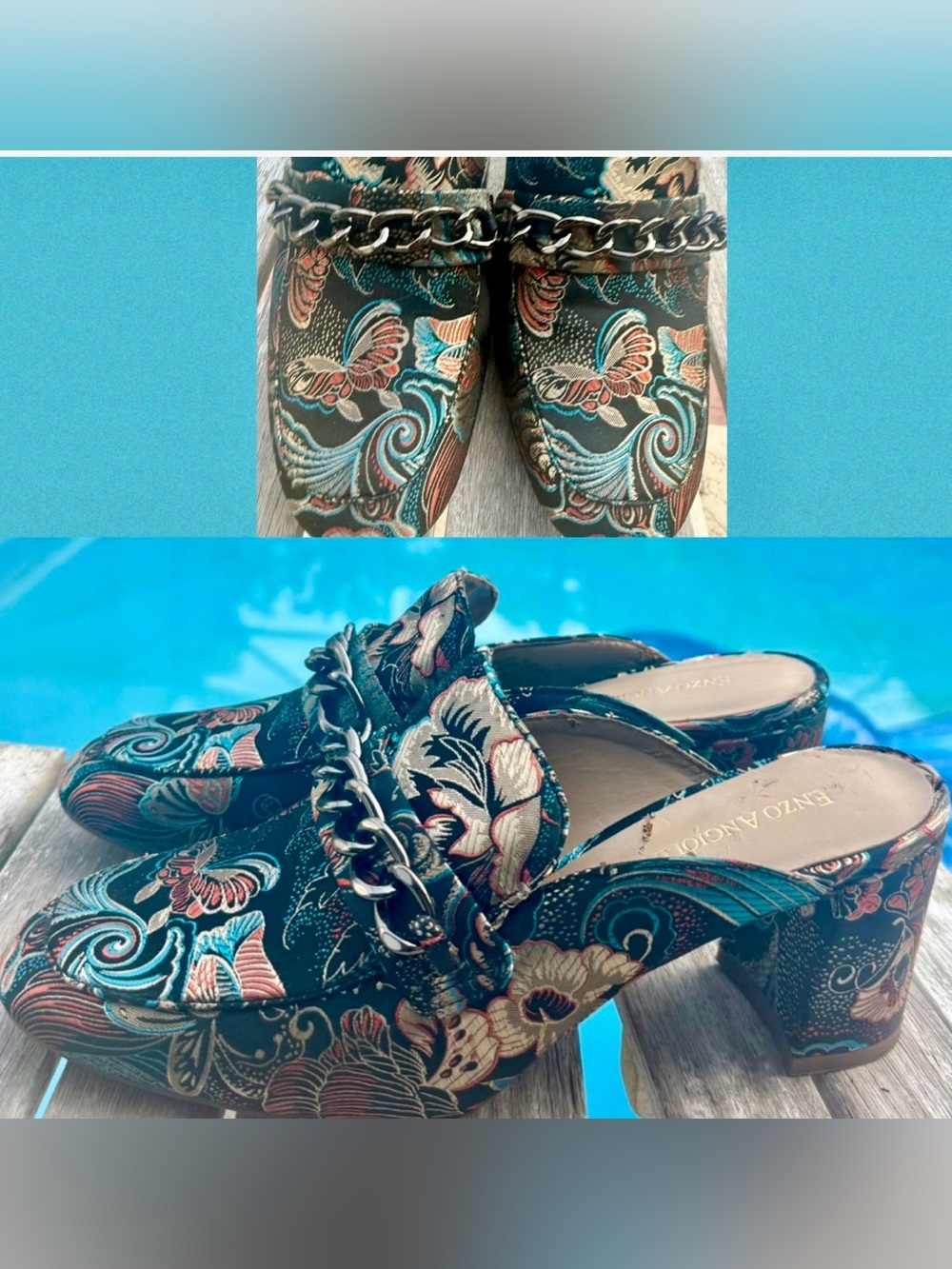 Enzo Angiolini Gilian Mules Blue Floral Jacquard Chain Block Heel Mules.6.5